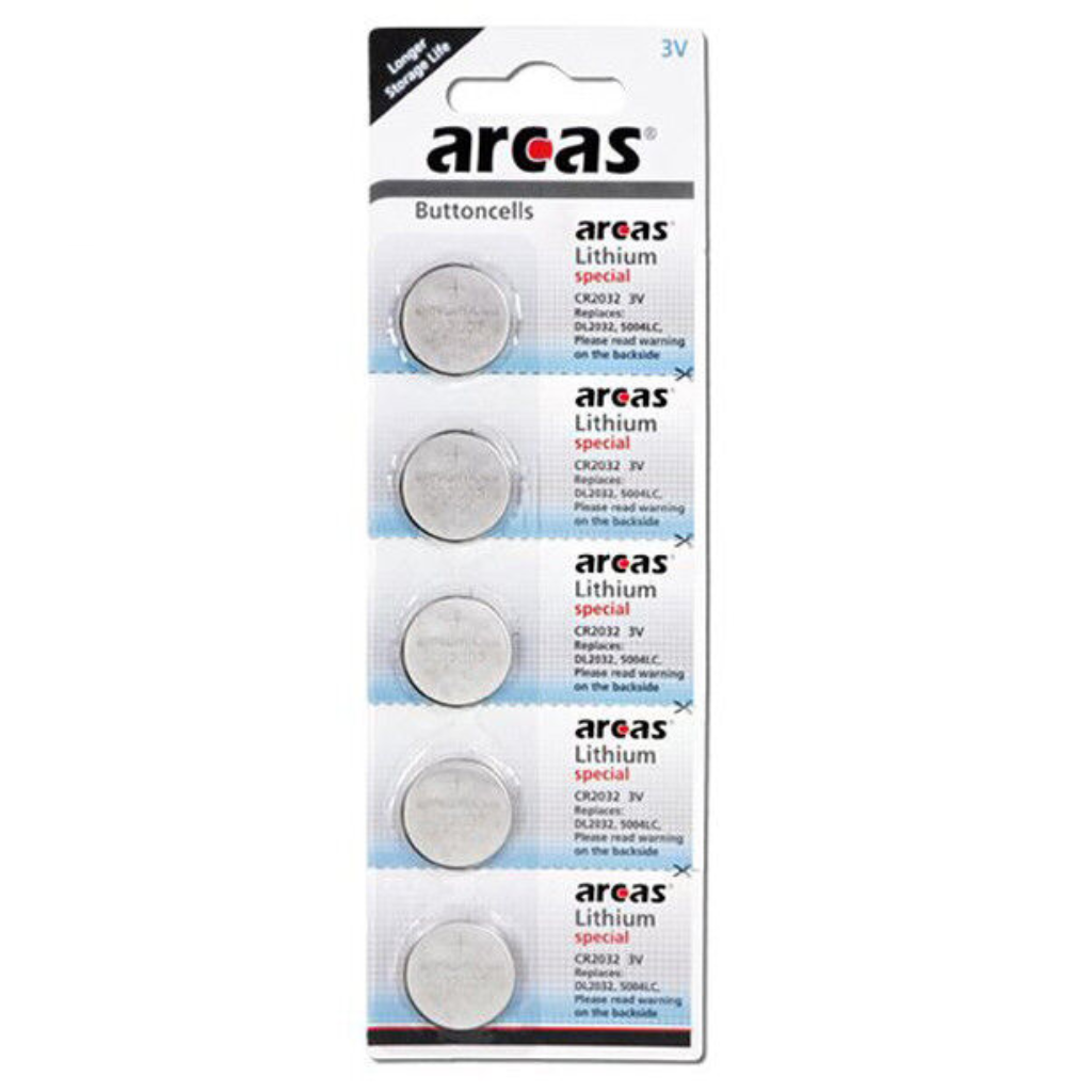 Pacote de 5 baterias tipo botão de lítio Arcas Cr2032