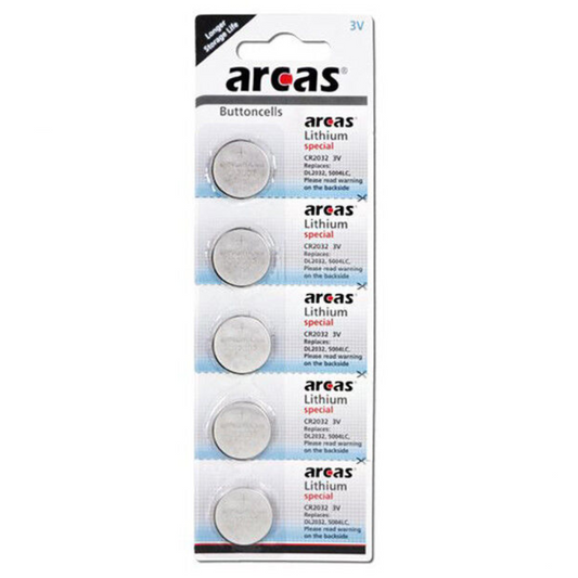 Pacote de 5 baterias tipo botão de lítio Arcas Cr2032